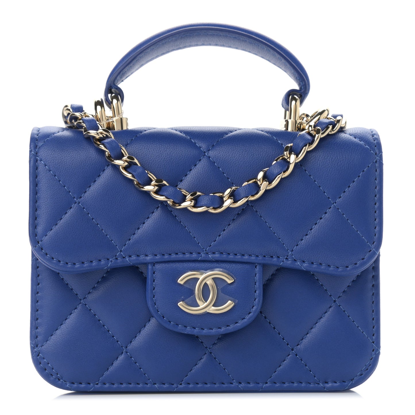 Lambskin Quilted Top Handle Flap Coin Purse With Chain Blue