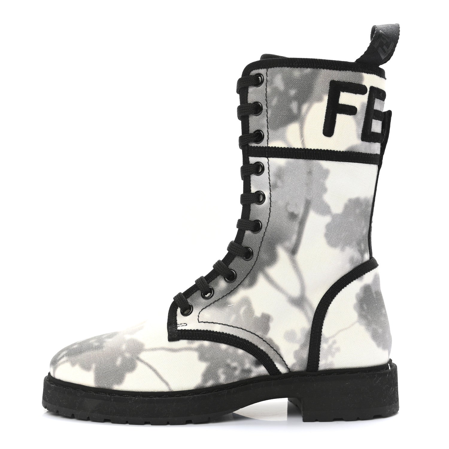 Fendi Canvas Floral Print Logo Bi-Color Womens Biker Boots 35.5 White Black 1 of 6