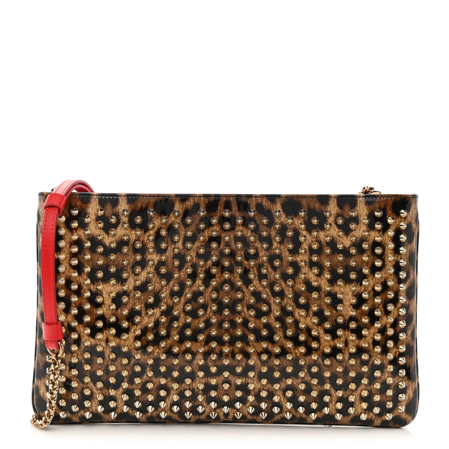 Patent Leopard Print Loubiposh Spiked Crossbody Clutch
