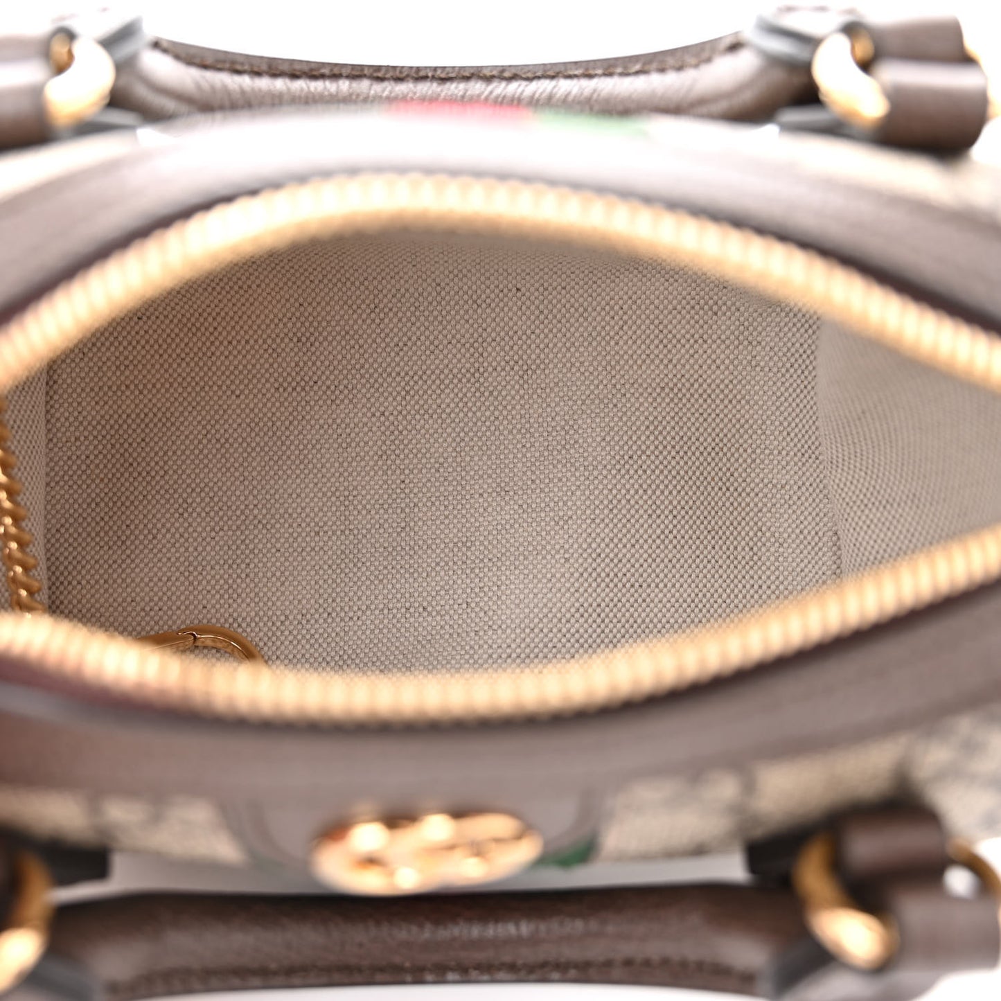 GG Supreme Monogram Textured Dollar Calfskin Web Super Mini Ophidia Top Handle Bowler Bag Beige Ebony New Acero