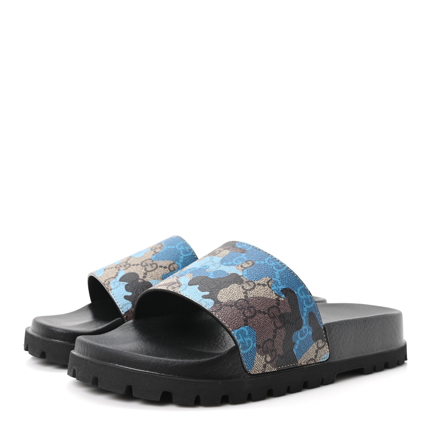 Gucci GG Supreme Monogram Camouflage Mens Lug Sole Slide Sandals 7 Blue Multicolor 4 of 10