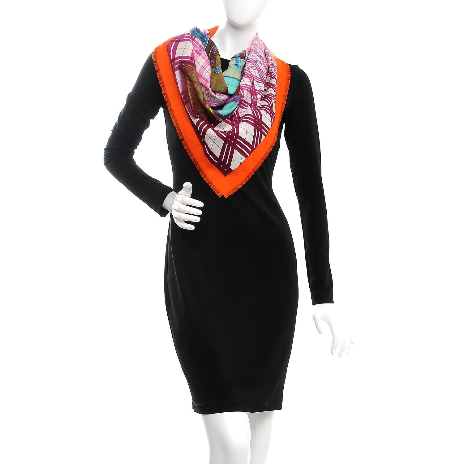 Hermes Cashmere Silk H en Voyage Fringed Scarf 90 Orange Fuchsia Turquoise 2 of 6