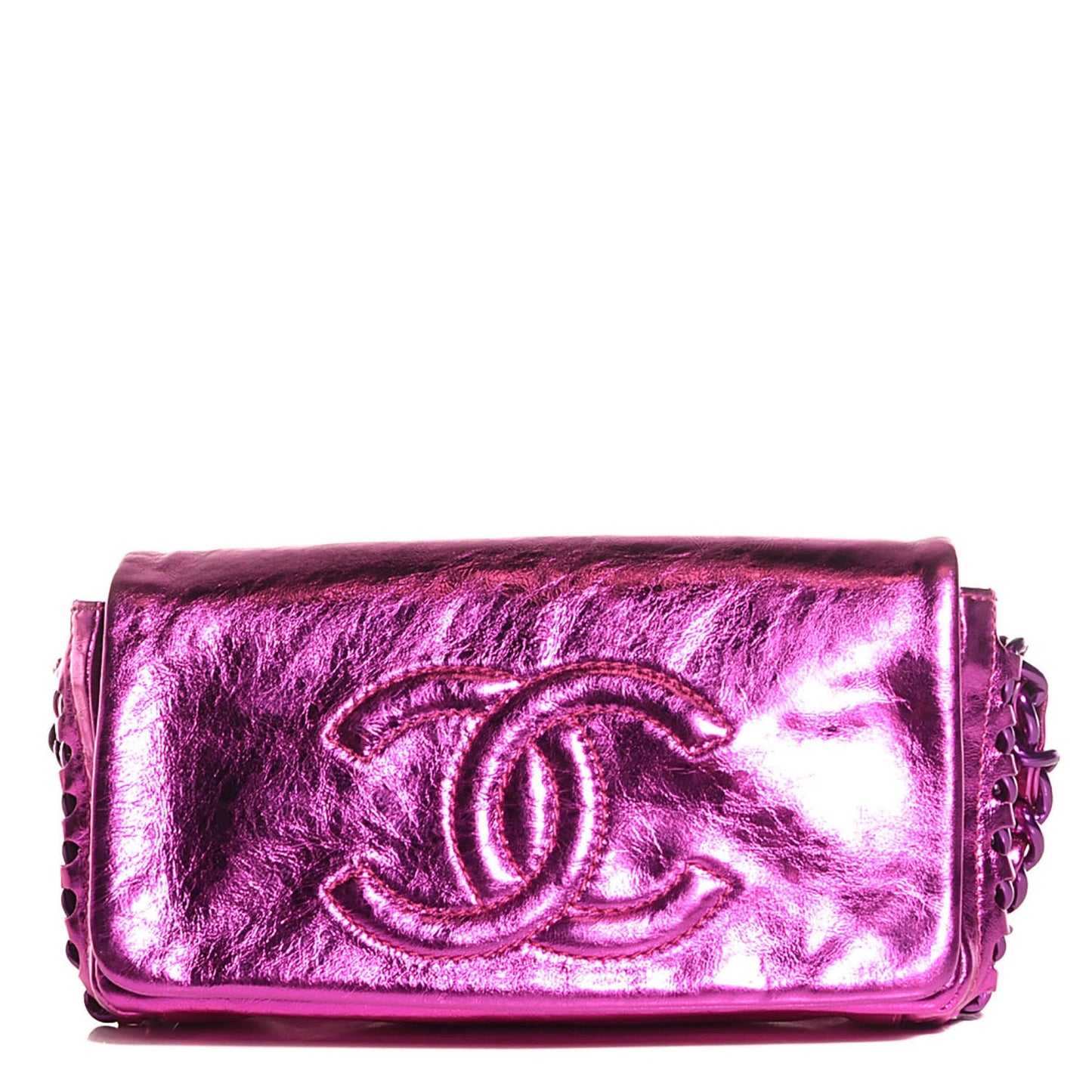 Metallic Cracked Calfskin Modern Chain Flap Fuchsia