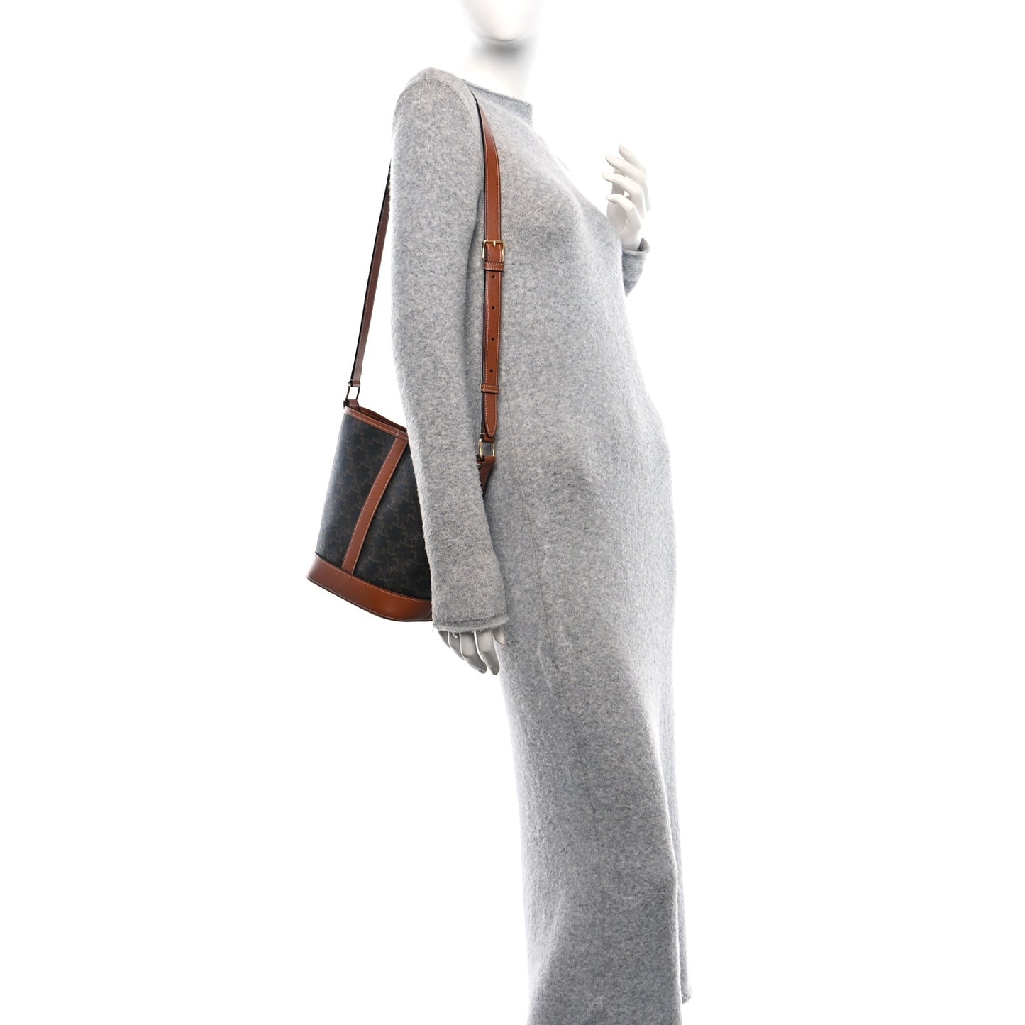 Triomphe Canvas Calfskin Small Bucket Bag Tan