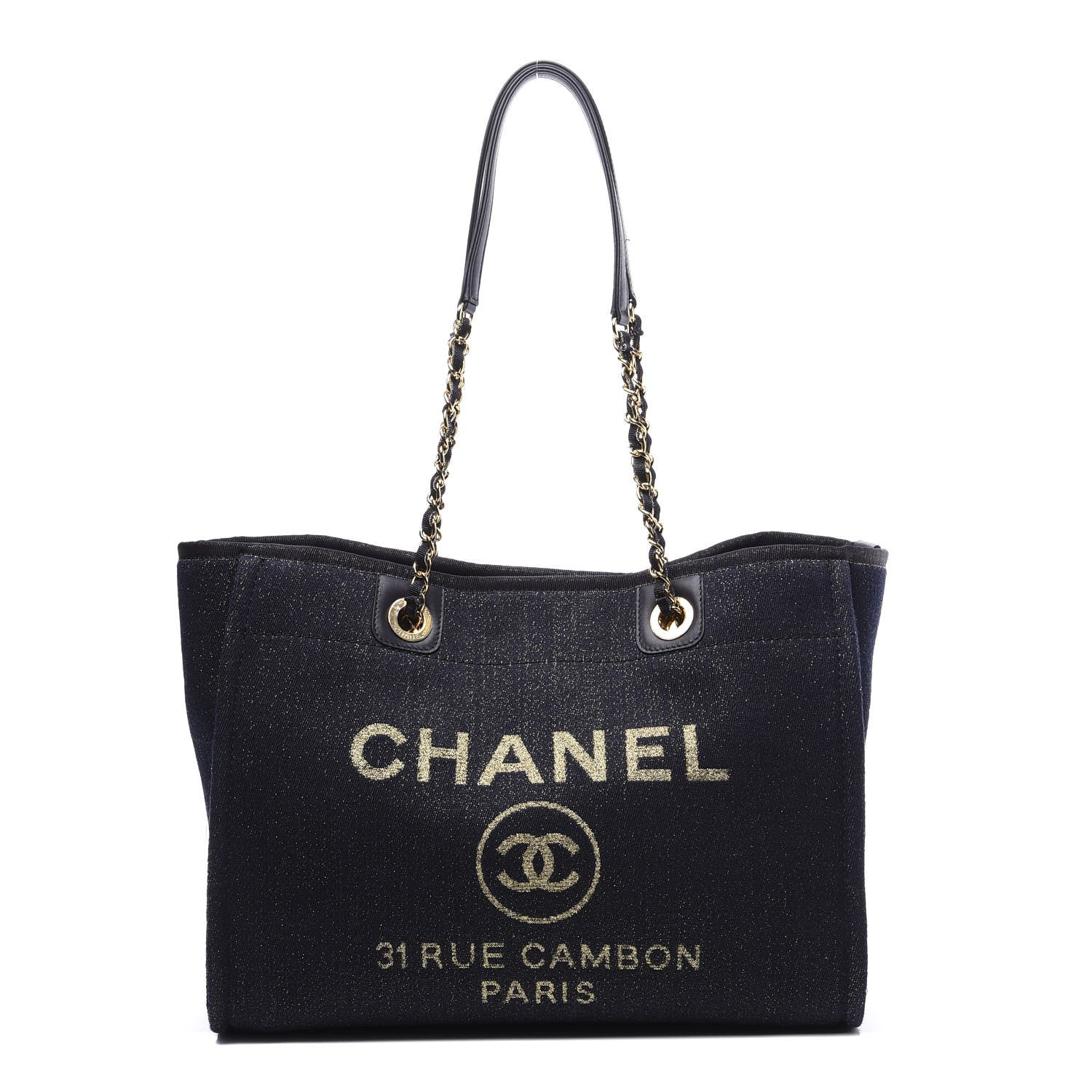 Chanel Lurex Canvas Small Deauville Tote Navy Blue Gold 1 of 11