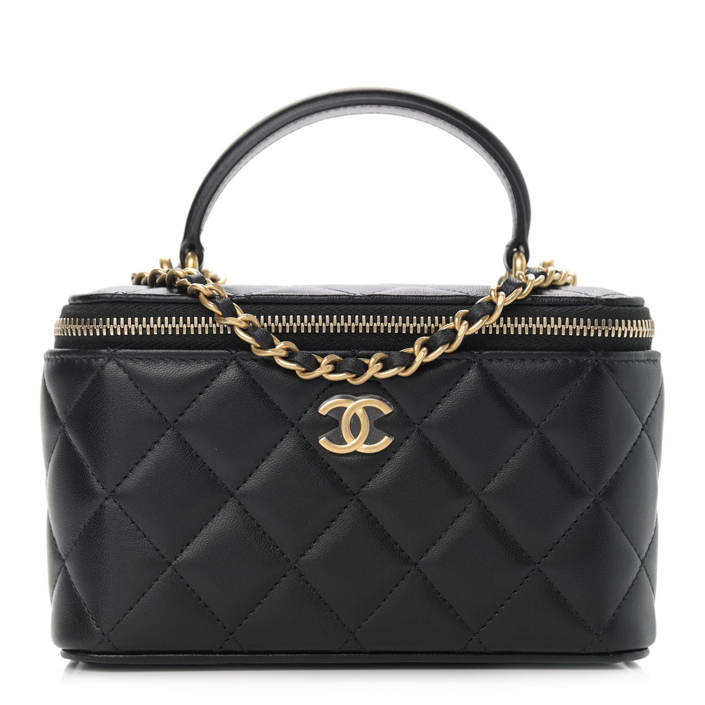 Lambskin Quilted Small Top Handle Vanity Case With Chain Black