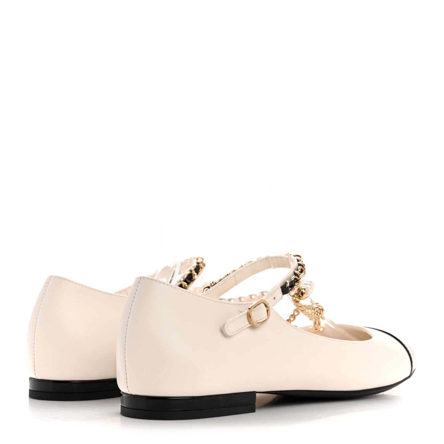 Chanel Shiny Lambskin Pearl Cap Toe Ankle Chain Ballerina Flats 38 White Black 5 of 10