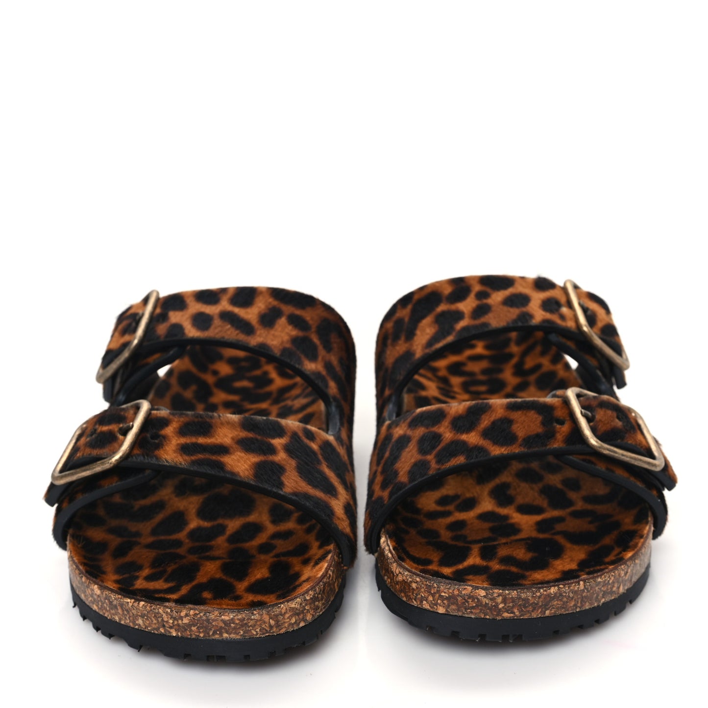 Pony Hair Leopard Print Buckle Sandal Slides 36 Brown Coffee