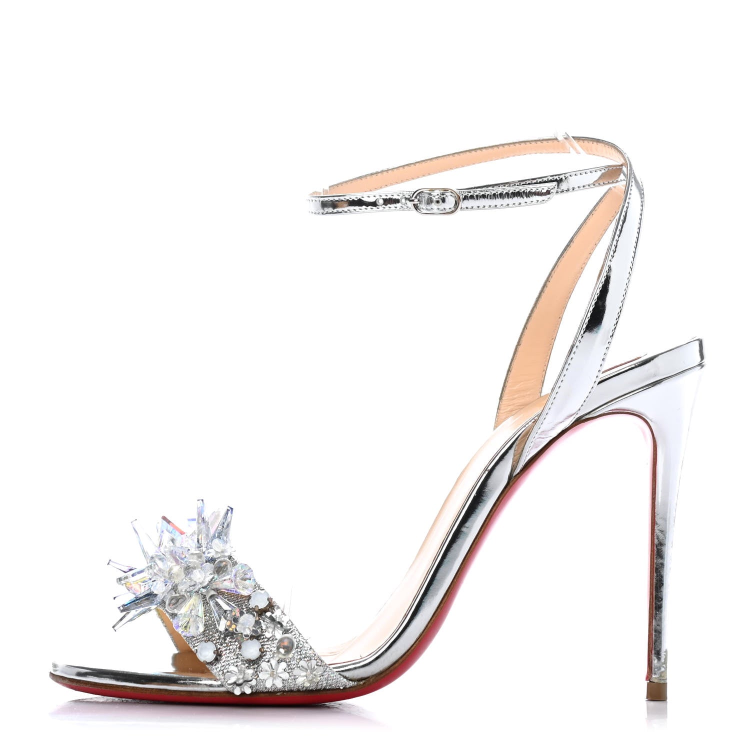 Christian Louboutin Satin Specchino Okydok 100 Ankle Strap Sandals 37.5 Silver 1 of 4