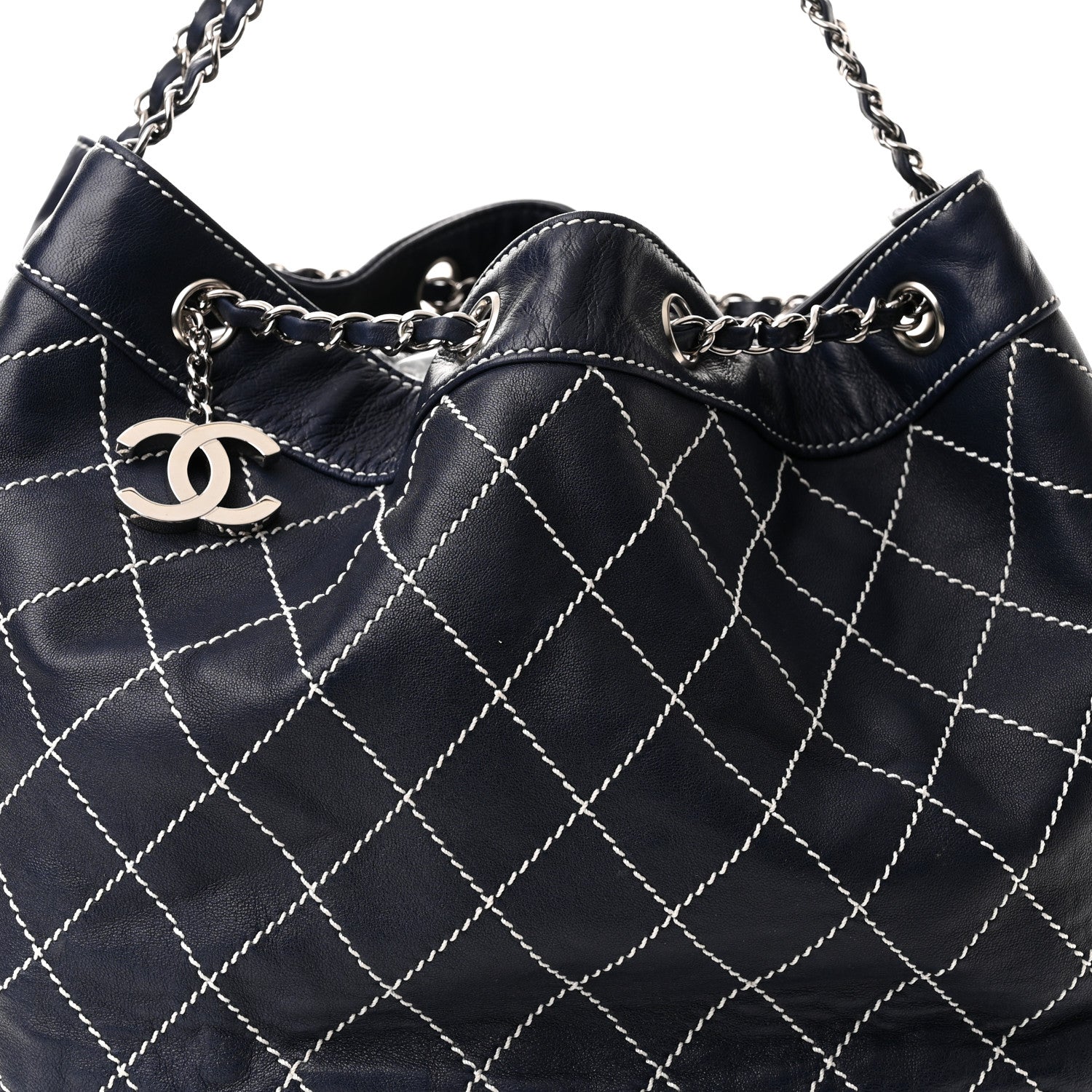 Chanel Lambskin Contrast Stitch Large Drawstring Tote Navy 8 of 10