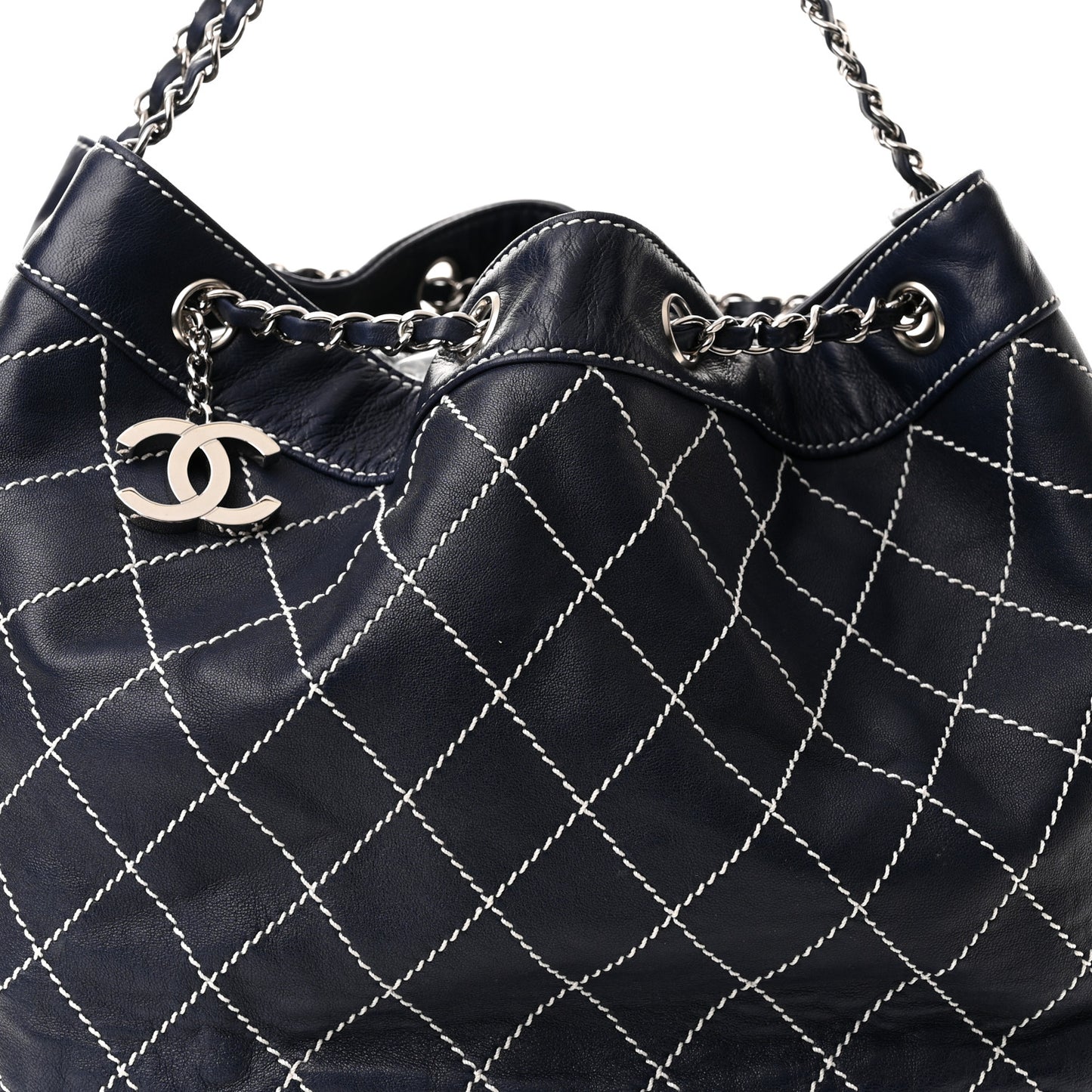 Lambskin Contrast Stitch Large Drawstring Tote Navy