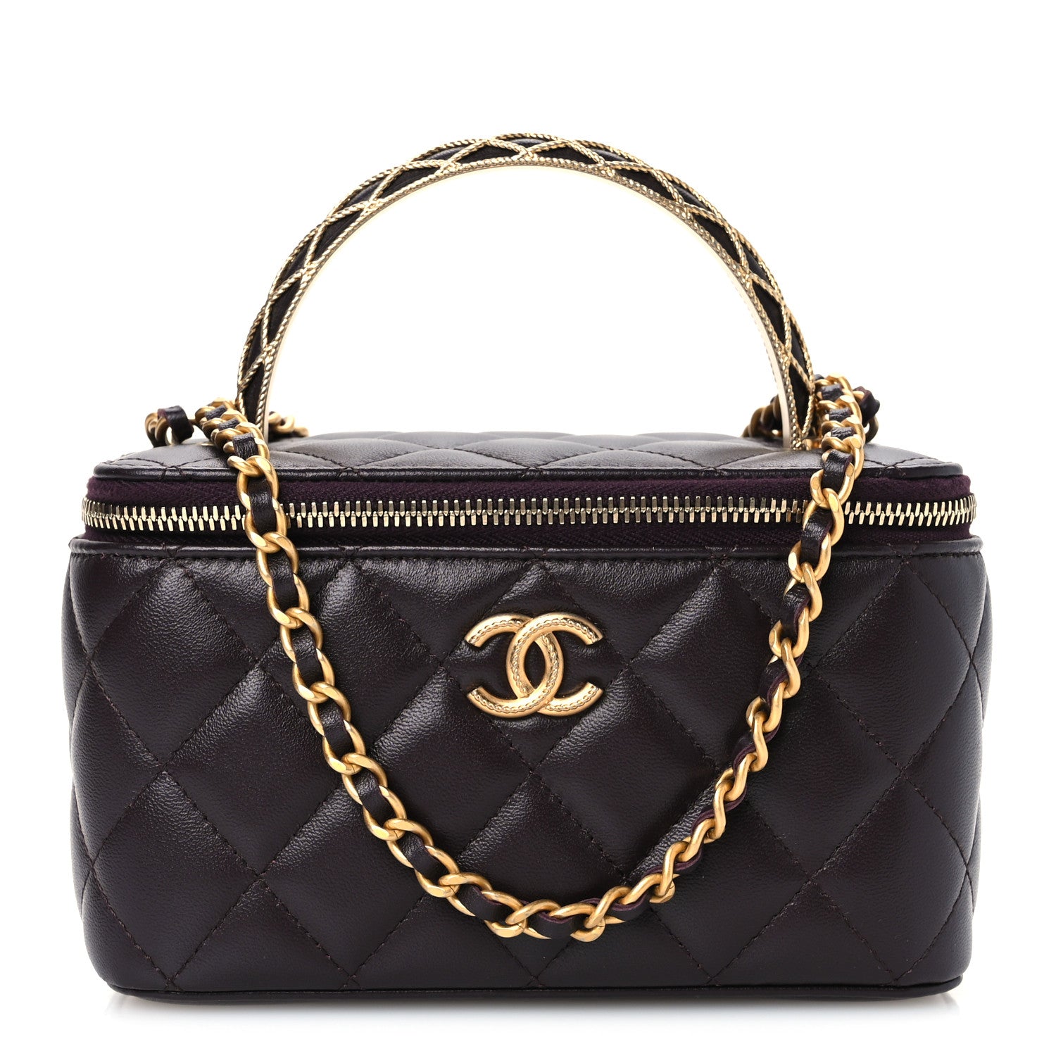 Chanel Lambskin Quilted Metal Twist Small Top Handle Vanity Case With Chain Burgundy 1 of 9