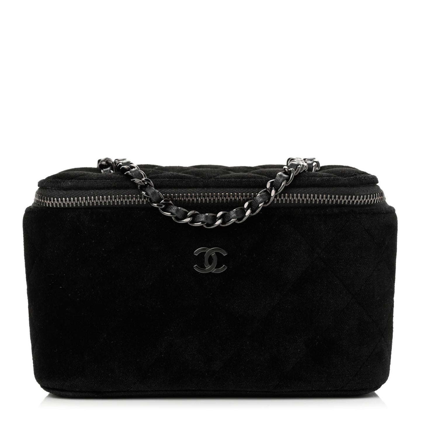 Velvet Quilted Small Vanity Case With Chain Black