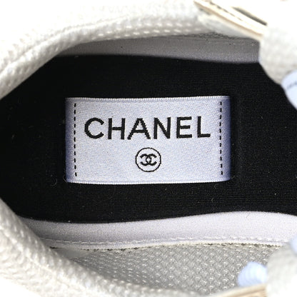 Chanel Fabric Laminated Calfskin Stretch CC Womens Sneakers 40 White Gold Silver 6 of 7