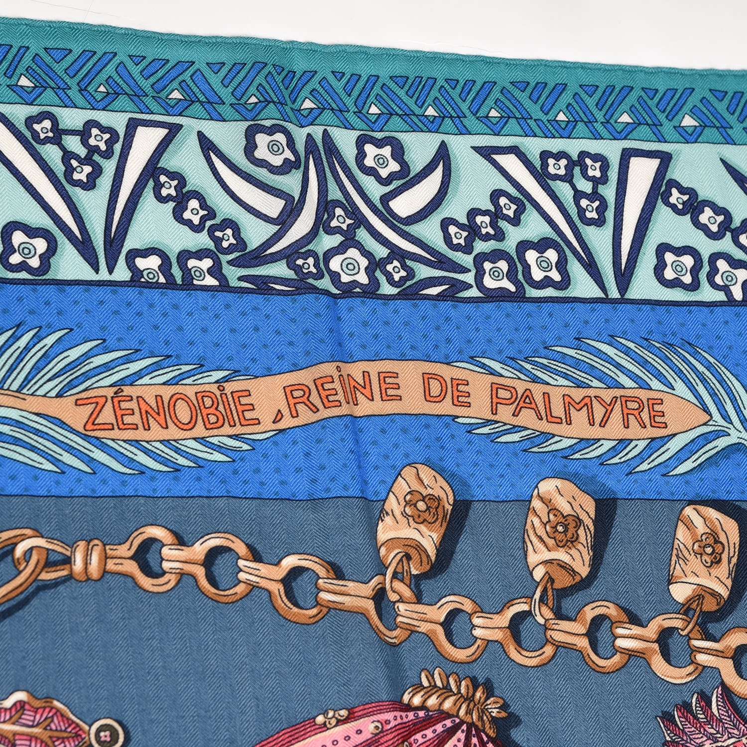 Hermes Cashmere Silk Zenobie Reine De Palmyre 140 Turquoise Rose Gris Bleuette 4 of 6