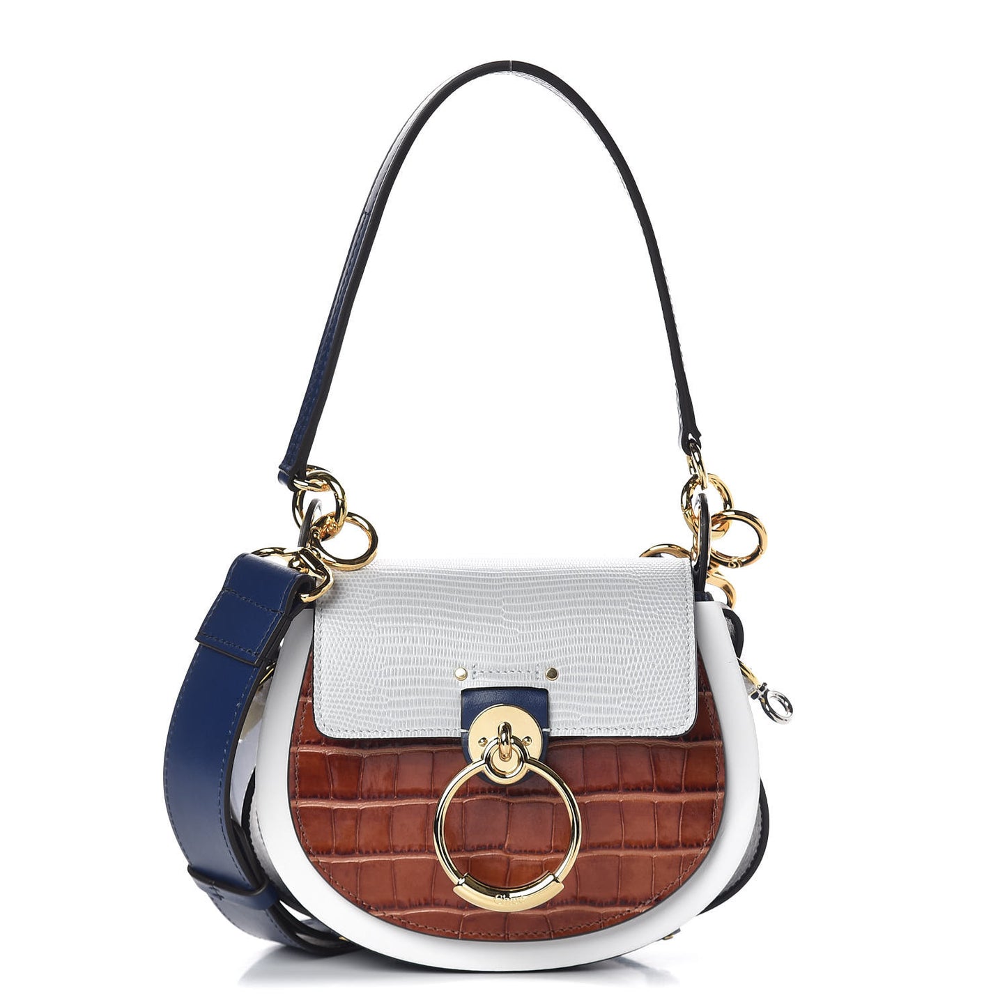 Shiny Calfskin Crocodile Embossed Small Tess Bag Blue Brown