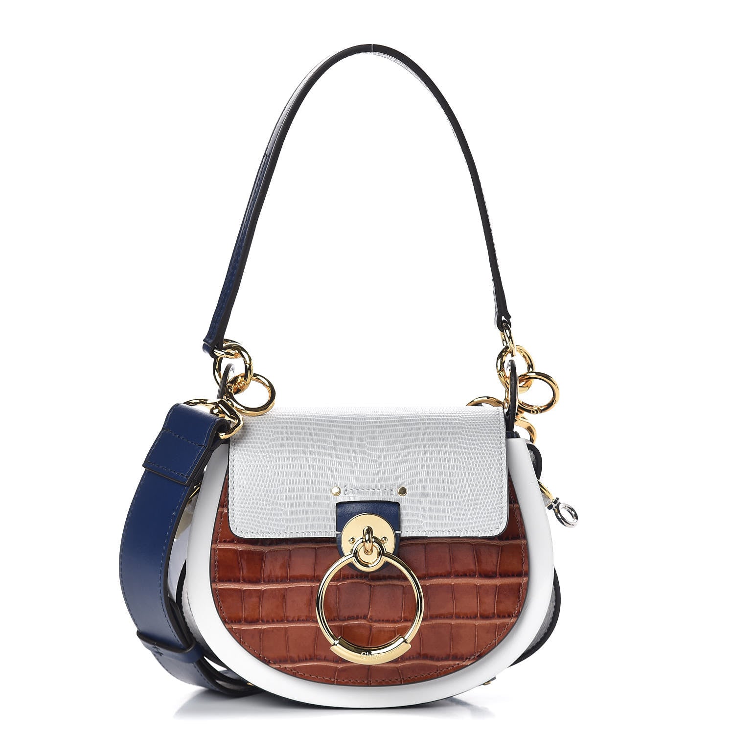 Chloe Shiny Calfskin Crocodile Embossed Small Tess Bag Blue Brown 1 of 9