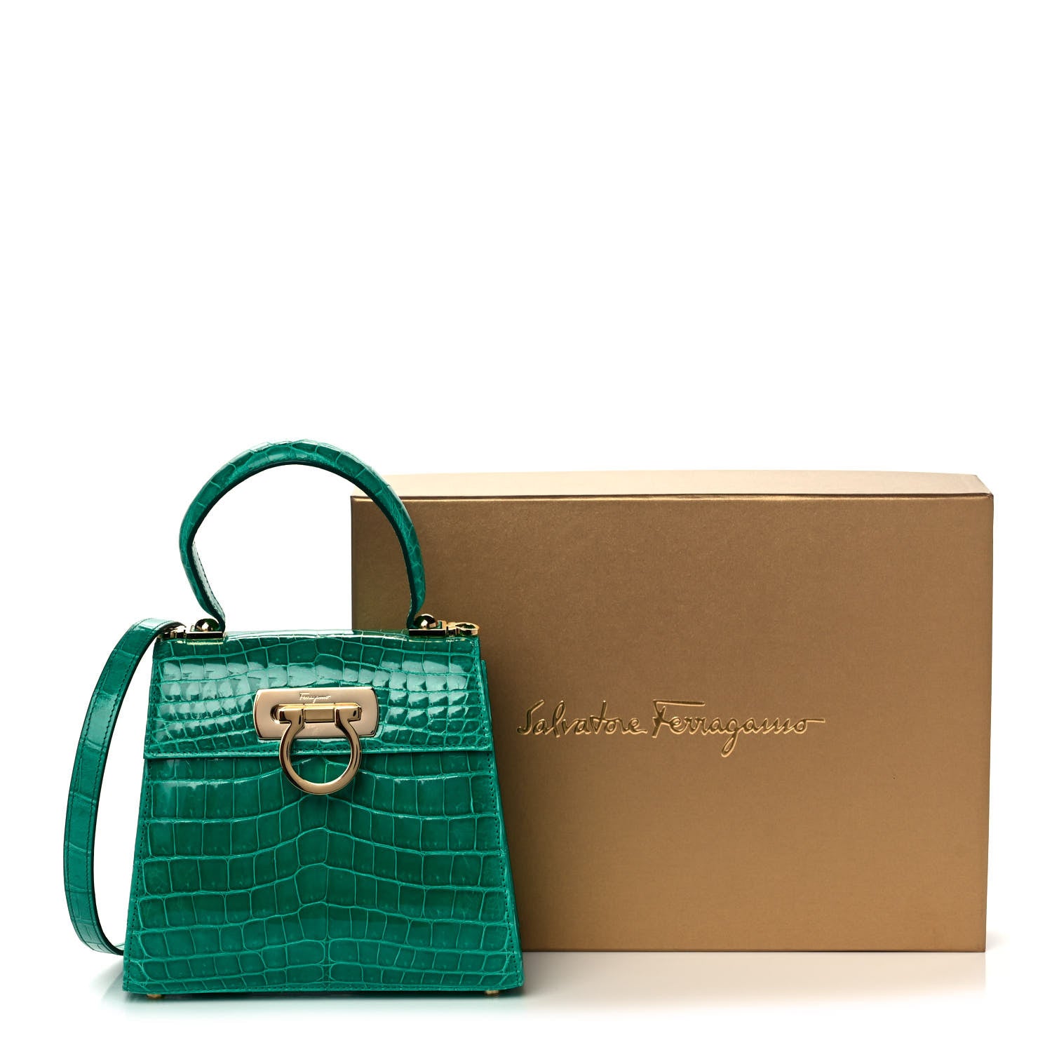 Salvatore Ferragamo Crocodile Gancini 2-Way Top Handle Bag Verde 13 of 13