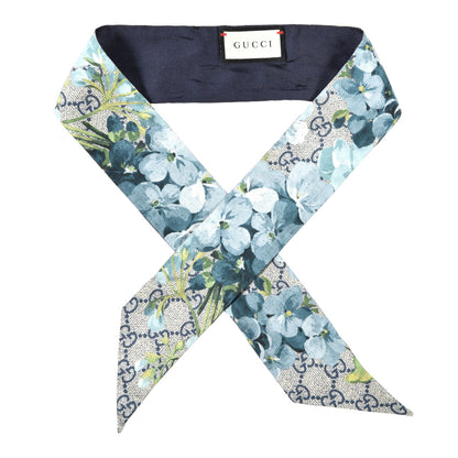 Gucci Silk Twill GG Monogram Bloomy GG Neck Bow Scarf Midnight Blue Sky Blue 1 of 3