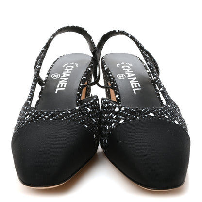 Chanel Tweed Grosgrain Cap Toe CC Slingback Pumps 37 Black White 3 of 9