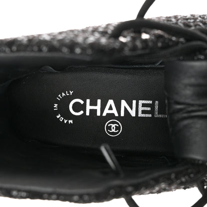 Chanel Tweed Lambskin Lace Up Combat Boots 38.5 Black Silver 7 of 9