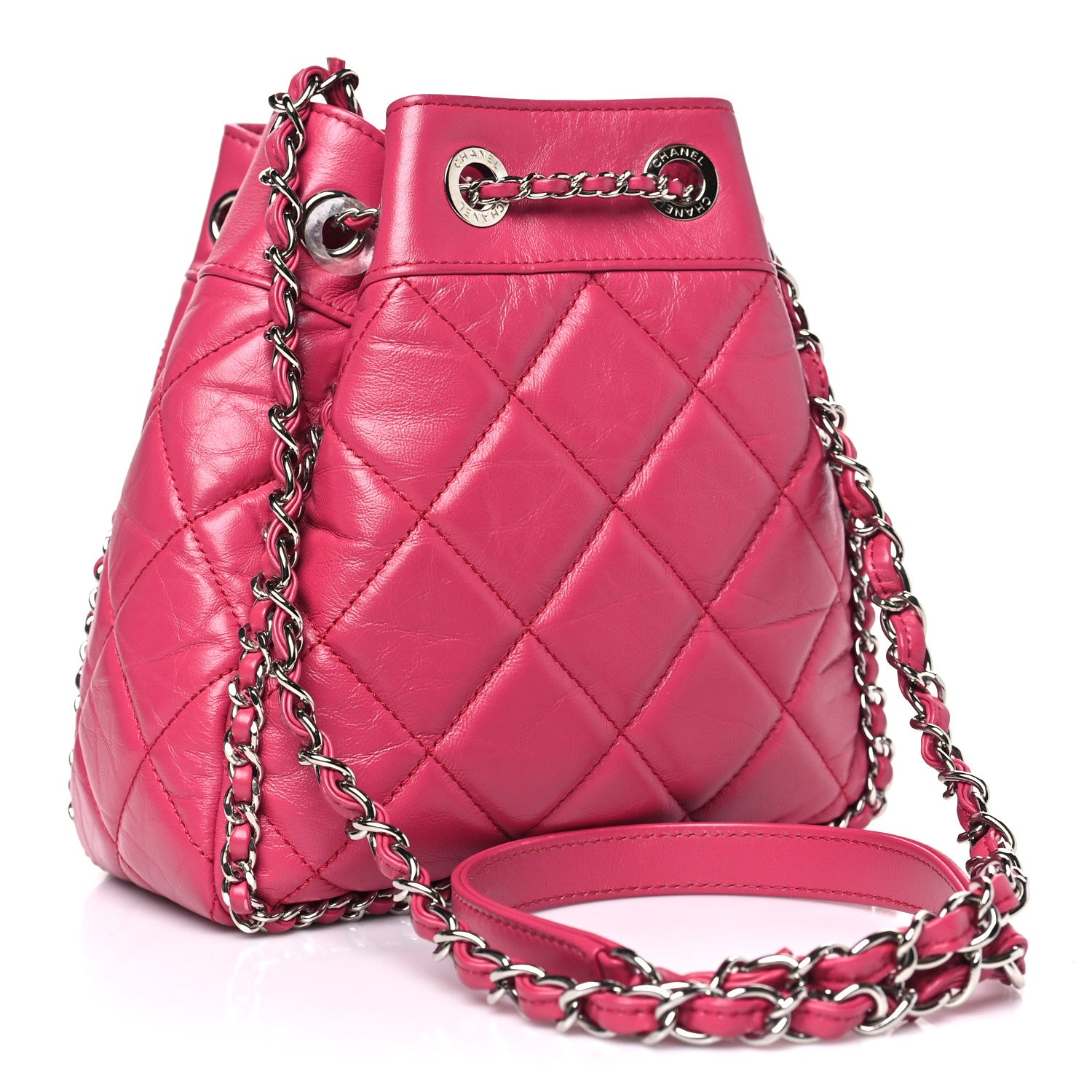 Chanel Crumpled Calfskin Quilted Chain All Over Drawstring Bucket Bag Pink 3 of 10