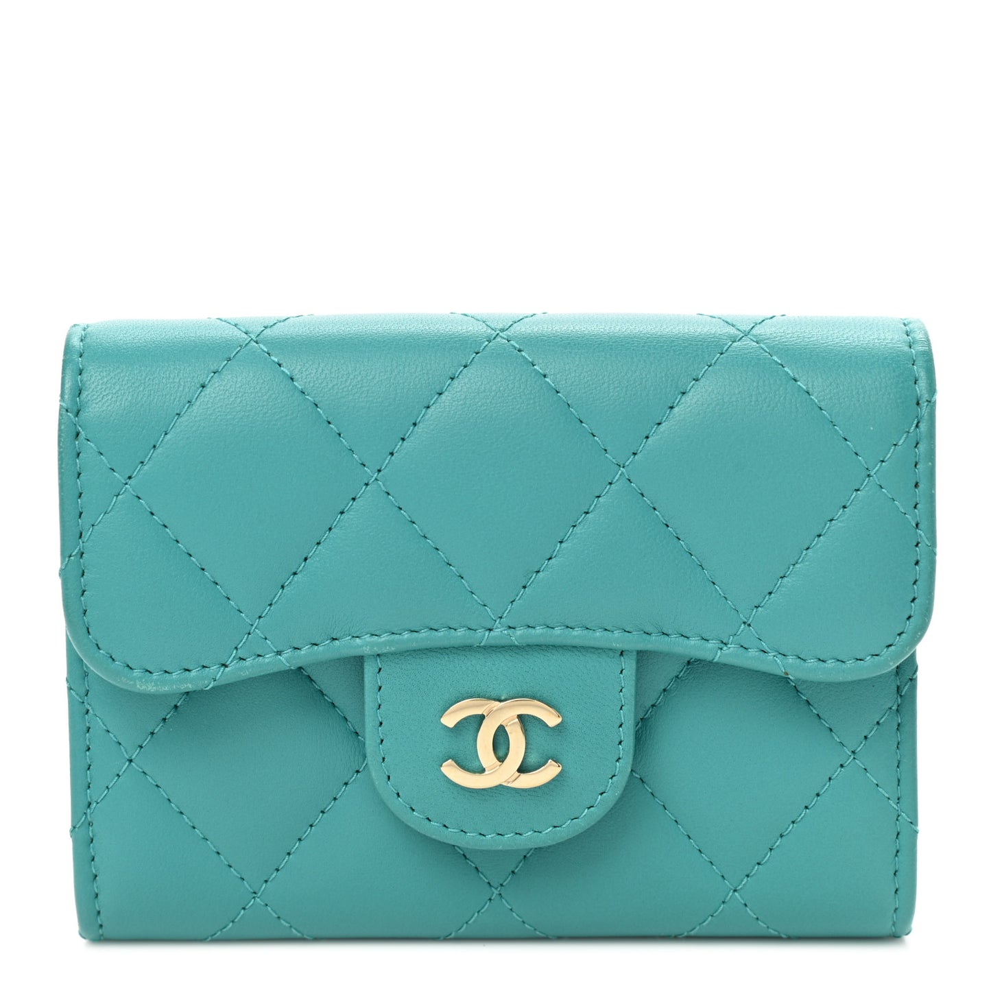 Lambskin Quilted Flap Card Holder Wallet Turquoise