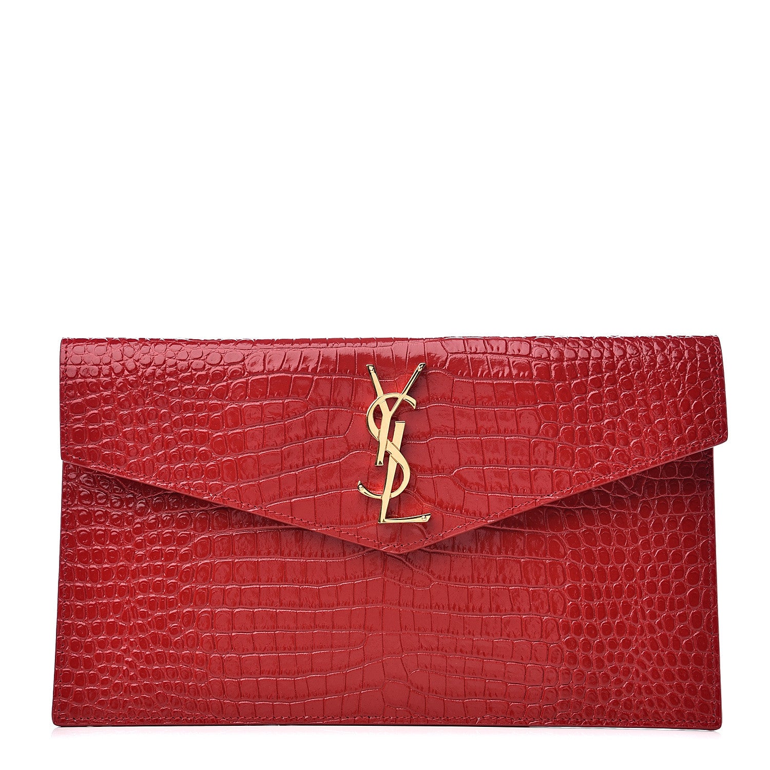 Saint Laurent Calfskin Crocodile Embossed Uptown Monogram Clutch Rouge Eros 1 of 6