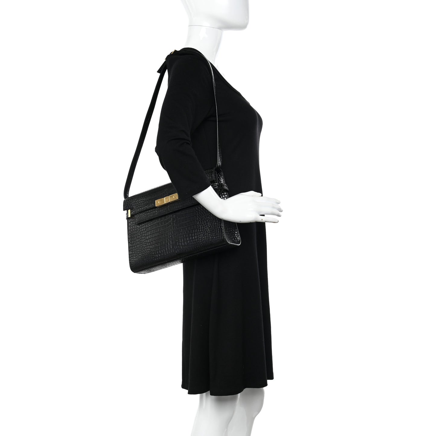 Shiny Calfskin Crocodile Embossed Manhattan Baguette Black