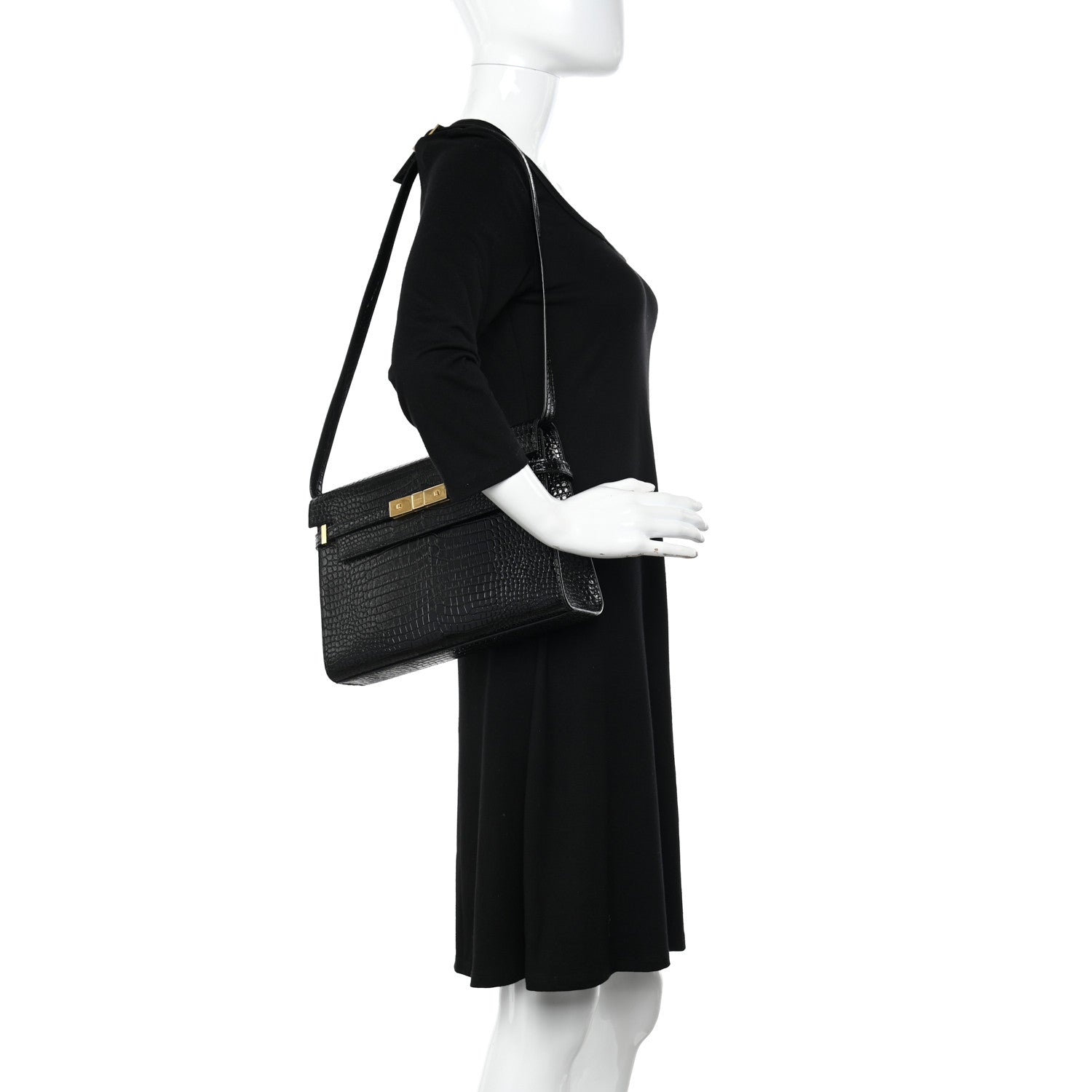Saint Laurent Shiny Calfskin Crocodile Embossed Manhattan Baguette Black 2 of 12