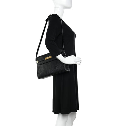 Saint Laurent Shiny Calfskin Crocodile Embossed Manhattan Baguette Black 2 of 12