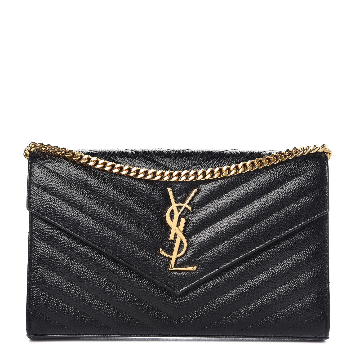 Saint Laurent Grain De Poudre Matelasse Chevron Monogram Chain Wallet Black 1 of 9