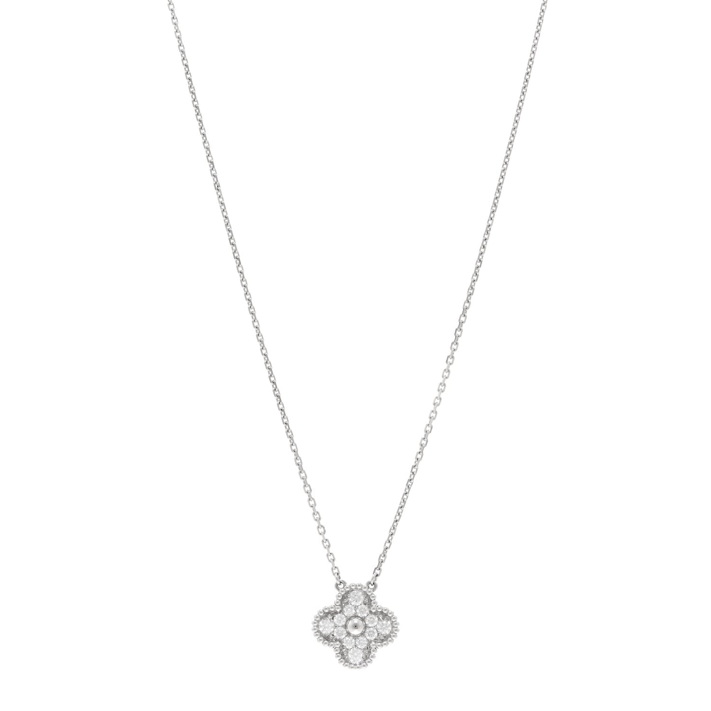 18K White Gold Diamond Vintage Alhambra Pendant Necklace