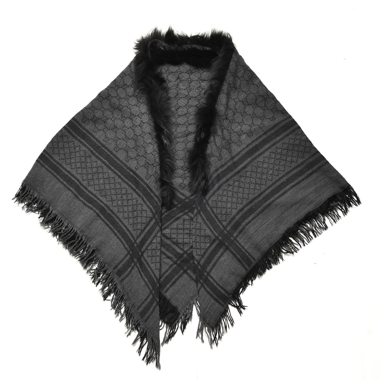 Wool Silk Fox Fur Monogram Shawl Scarf Black