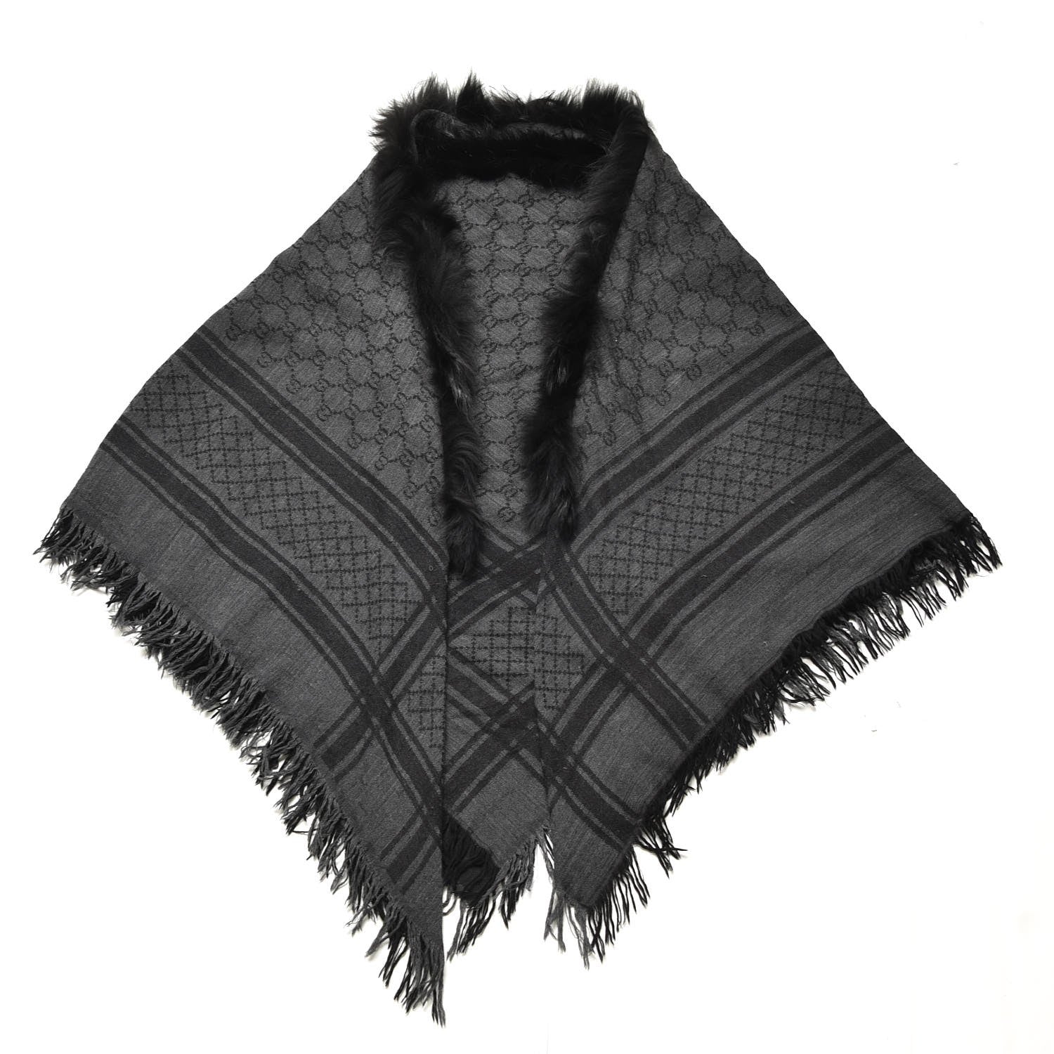 Gucci Wool Silk Fox Fur Monogram Shawl Scarf Black 1 of 8