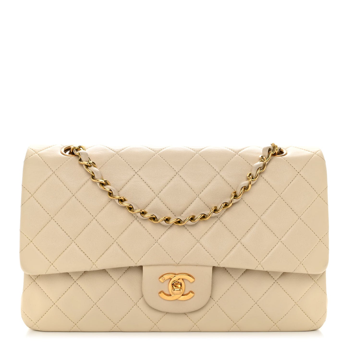 Lambskin Quilted Medium Double Flap Beige