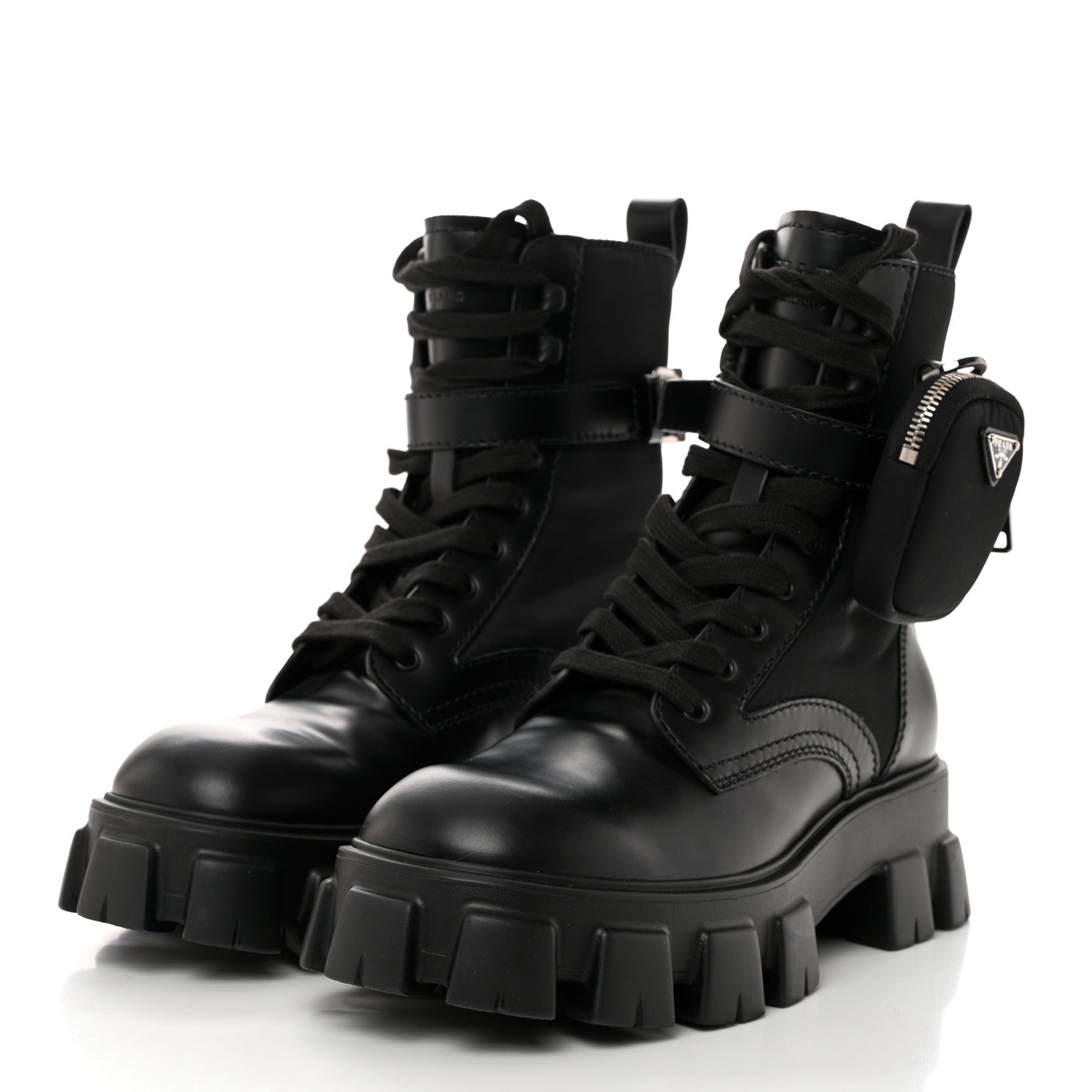 Prada Spazzolato Rois Re-Nylon Metal Triangle Logo Mens Monolith Pouch Pocket 60mm Combat Boots 8 Black 3 of 10