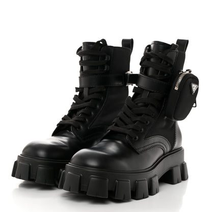 Prada Spazzolato Rois Re-Nylon Metal Triangle Logo Mens Monolith Pouch Pocket 60mm Combat Boots 8 Black 3 of 10