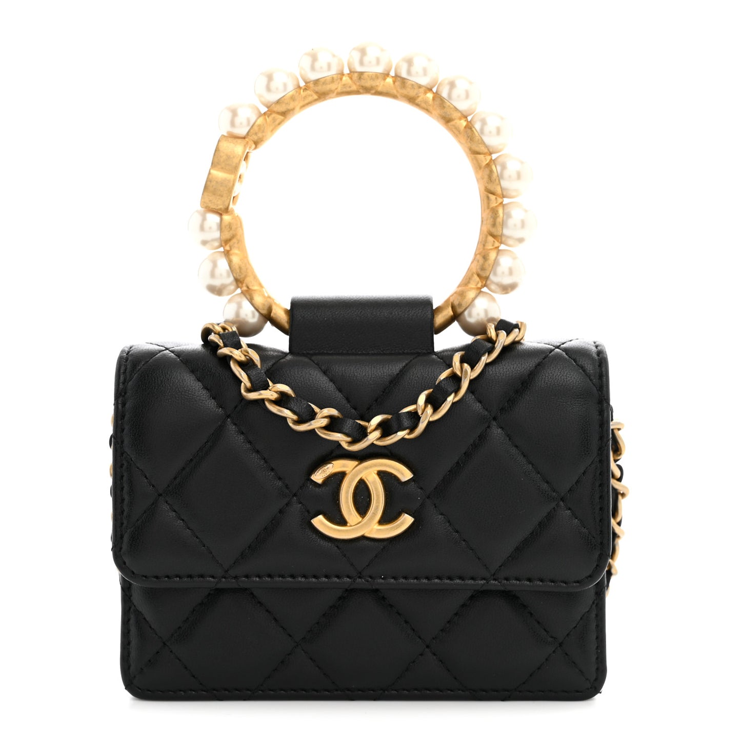 Lambskin Quilted Pearl Crown Clutch With Chain Black