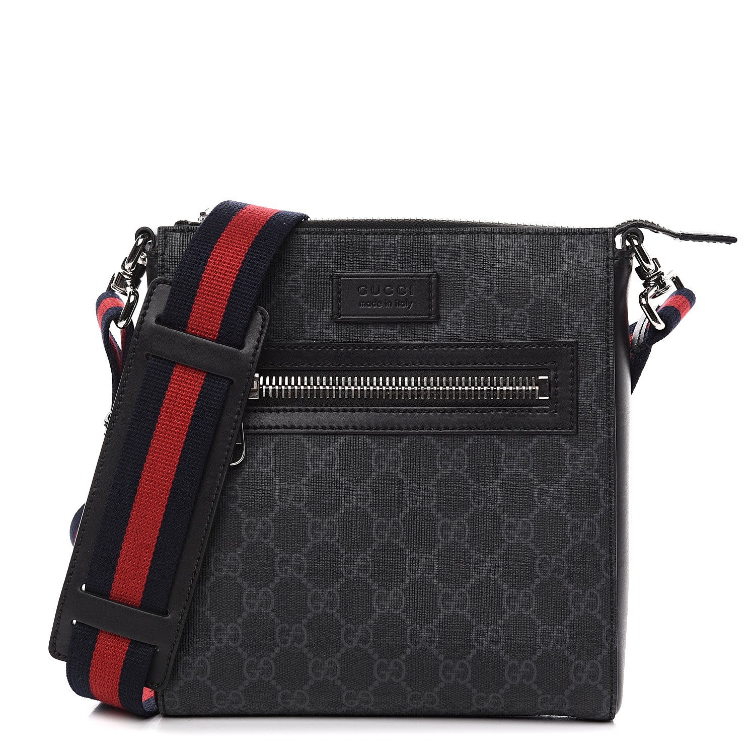 Gucci GG Supreme Monogram Web Small Flat Messenger Bag Black Grey 1 of 8