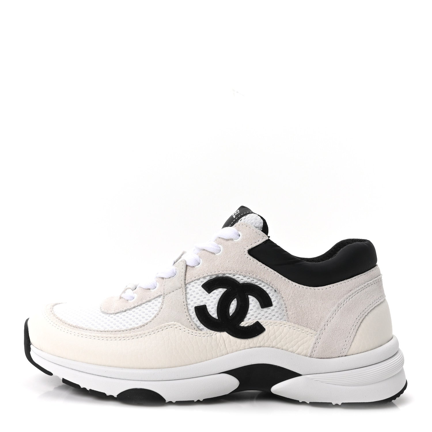 Chanel Mesh Suede Grained Calfskin Womens CC Sneakers 38 White Black 1 of 10