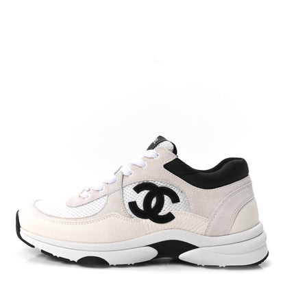 Chanel Mesh Suede Grained Calfskin Womens CC Sneakers 38 White Black 1 of 10