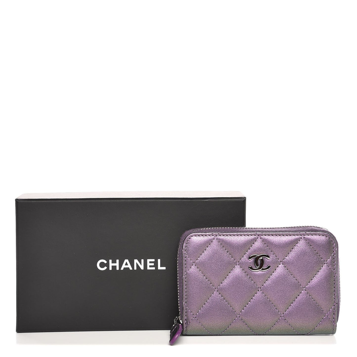 Metallic Lambskin Quilted Zip Around Coin Purse Wallet Purple