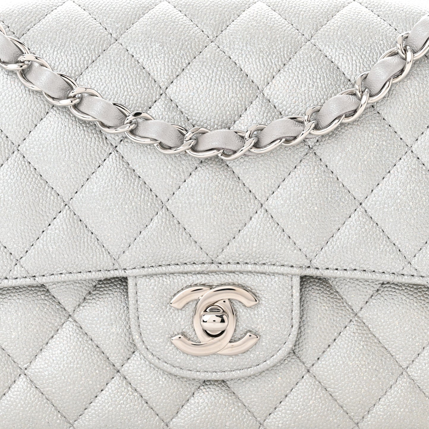 Glittered Metallic Caviar Quilted Medium Double Flap Silver