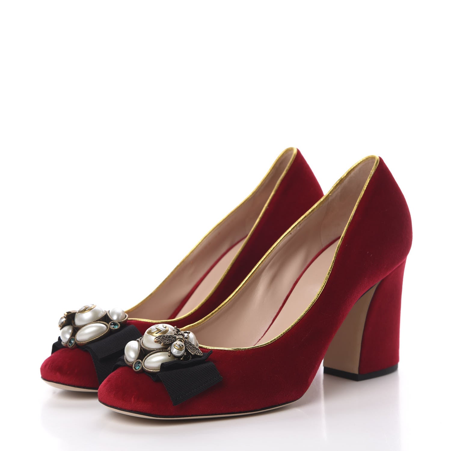 Gucci Velvet Etoile Pearl Embellished Pumps 40 Hibiscus Red 3 of 10