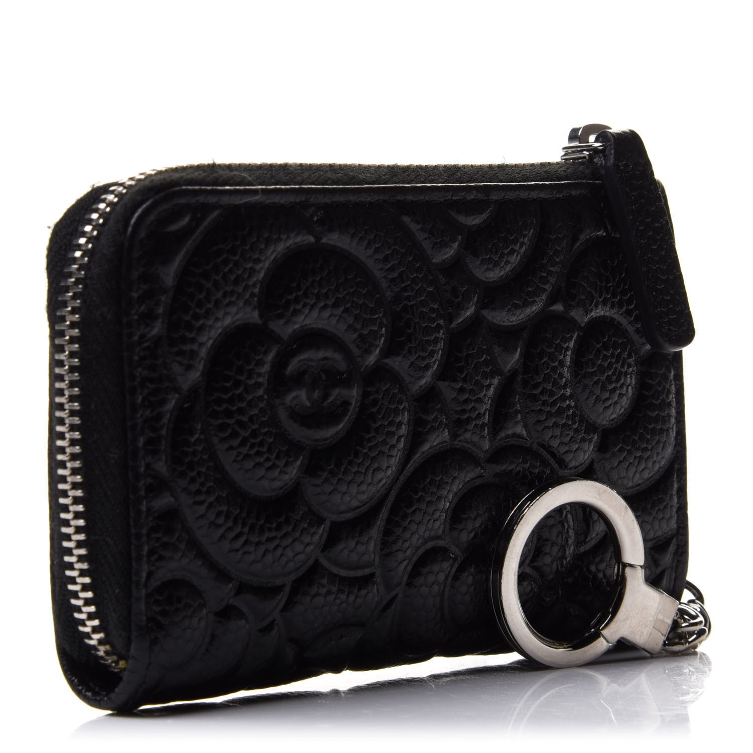 Chanel Caviar Camellia Embossed Key Holder Case Black 3 of 9