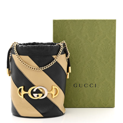 Gucci Calfskin Diagonal Striped Mini Zumi Bucket Bag Black Beige 12 of 12