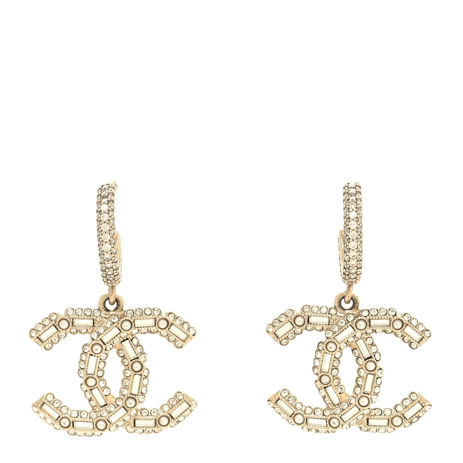 Chanel Crystal Baguette Pearl CC Drop Hoop Earrings Gold Pearly White 1 of 4