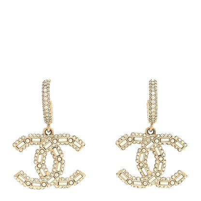 Chanel Crystal Baguette Pearl CC Drop Hoop Earrings Gold Pearly White 1 of 4