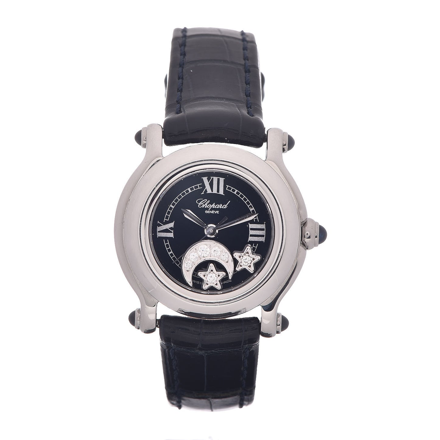 Stainless Steel Alligator Diamond 26mm Happy Sport Moon Star Quartz Watch Black